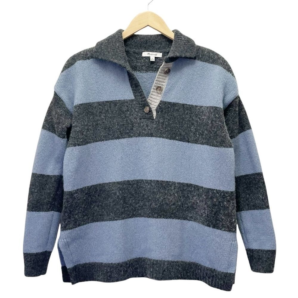 Madewell Rugby Stripe Polo Sweater Charcoal Gray & Blue Stripe Pullover Size XS